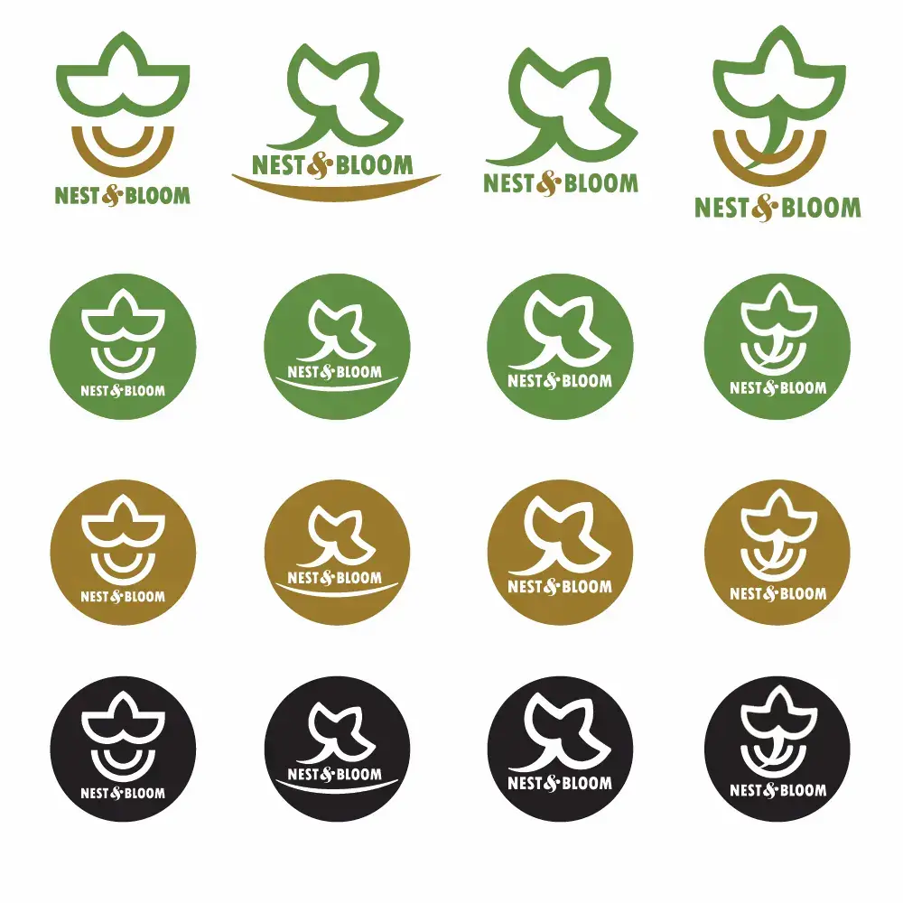 Minimalist logo variations for sustainable lifestyle brand Nest and Bloom